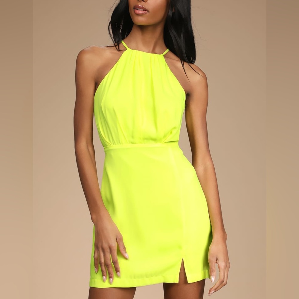 Lulus Neon Yellow Short Halter Dress. Size L